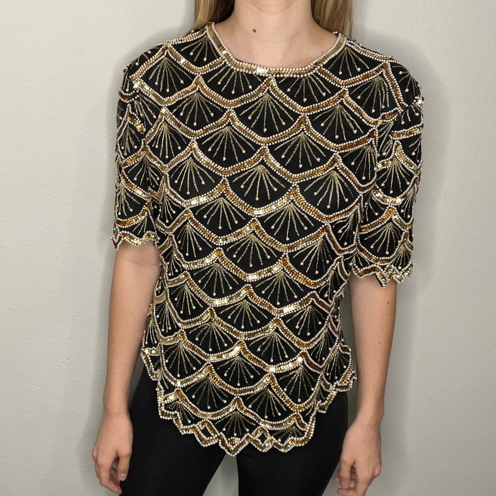 Vintage Laurence Kazar Beaded Silk Top Size Large